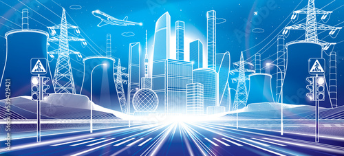 Modern neon lights night city. Large highway. Infrastructure illustration, urban scene. Thermal power plant and power lines. White outlines on blue background. Vector design