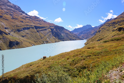 Mauvoisin reservoir located in Val de Bagnes, Valais with concrete arch dam, Switzerland