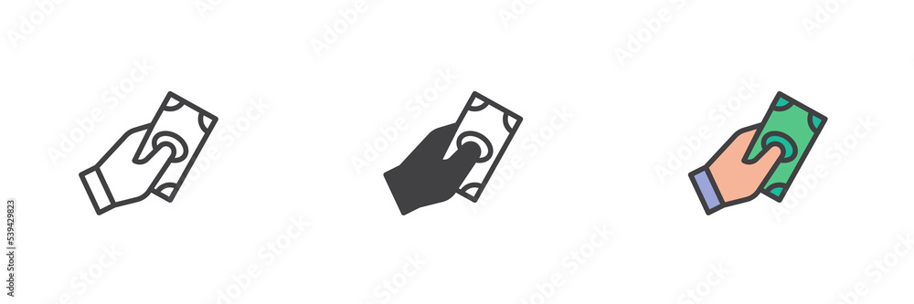 Hand with money bill different style icon set