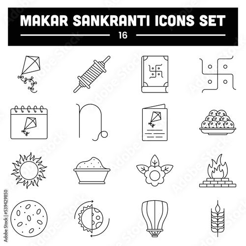 Illustration Of Makar Sankranti -16 Icons Set In Black Line Art.