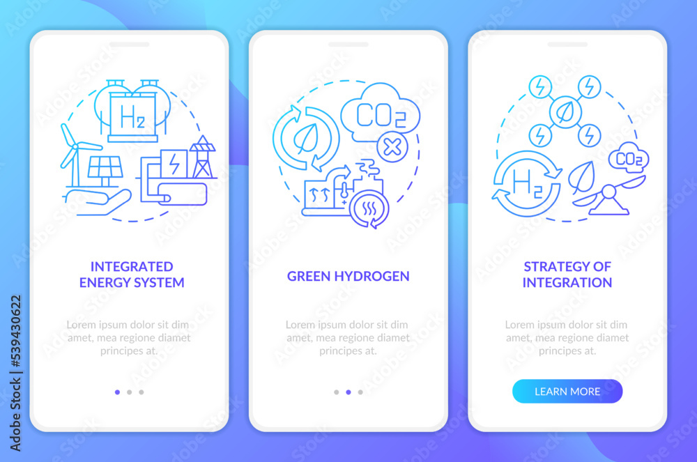 Renewable h2 blue gradient onboarding mobile app screen. Green fuel energy walkthrough 3 steps graphic instructions with linear concepts. UI, UX, GUI template. Myriad Pro-Bold, Pro-Regular fonts used Renewable h2 blue gradient onboarding mobile app screen. Green fuel energy walkthrough 3 steps graphic instructions with linear concepts. UI, UX, GUI template. Myriad Pro-Bold, Pro-Regular fonts used
