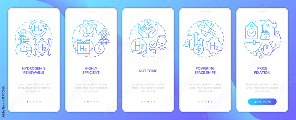 H2 power benefits blue gradient onboarding mobile app screen. Eco fuel pros walkthrough 5 steps graphic instructions with linear concepts. UI, UX, GUI template. Myriad Pro-Bold, Pro-Regular fonts used