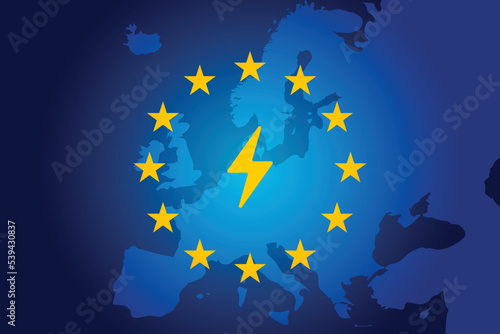 symbol of electric energy on european union flag and map bakground. vector illustration background