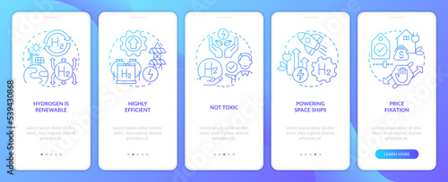 H2 power benefits blue gradient onboarding mobile app screen. Eco fuel pros walkthrough 5 steps graphic instructions with linear concepts. UI, UX, GUI template. Myriad Pro-Bold, Pro-Regular fonts used