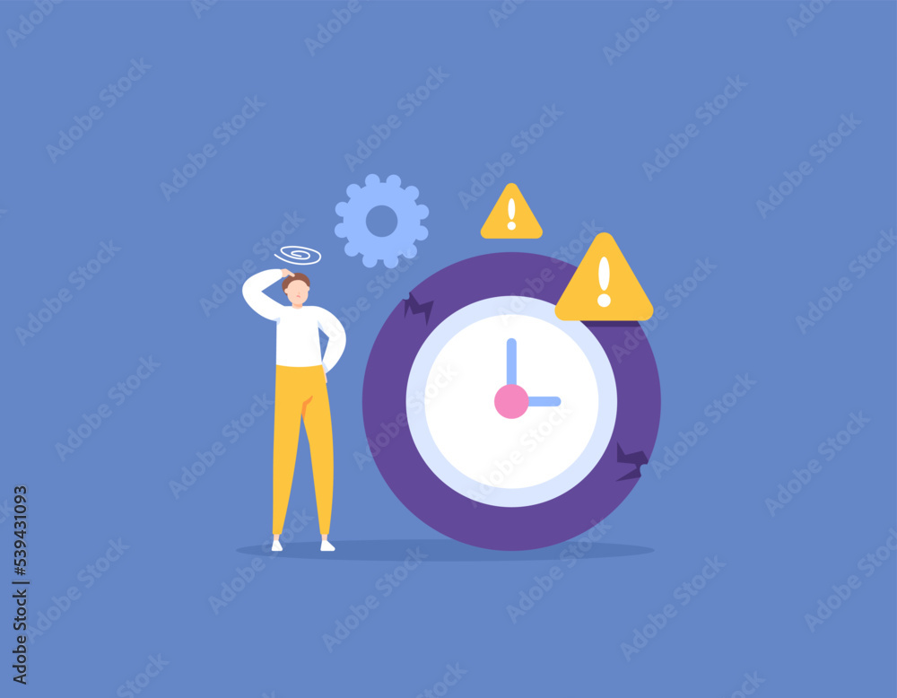 bad time management. can't set the time. deadline warning. errors and problems in management. an entrepreneur or employee is confused about how to manage time well. illustration concept design bad time management. can't set the time. deadline warning. errors and problems in management. an entrepreneur or employee is confused about how to manage time well. illustration concept design