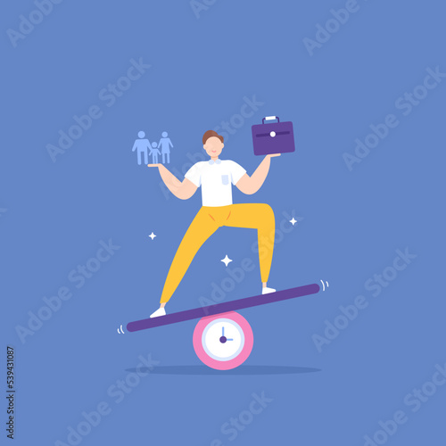 businessman trying to balance time with family and work. manage time for work and quality time with family. managing time. standing on the seesaw. illustration concept design