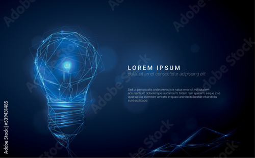 Vector blue glowing light bulb made of polygonal lines on dark background - innovation, technology, creativity