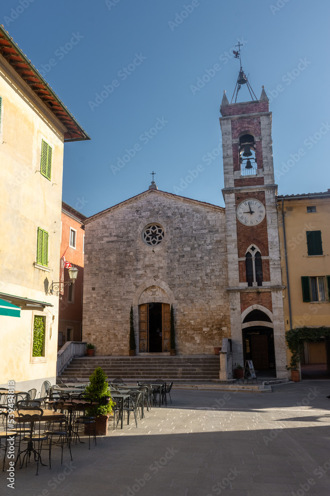 San Quirico d'Orcia, Italy, 16 April 2022:  Medieval church of the historic center