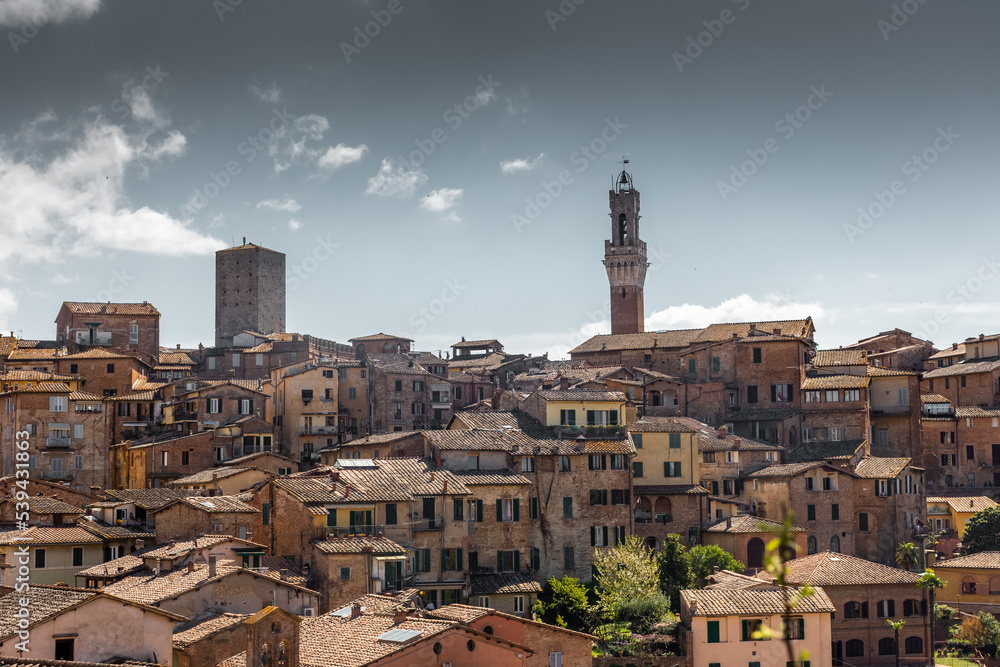 Siena, Italy, 17 April 2022:  Beautiful cityscape of the medieval historic center