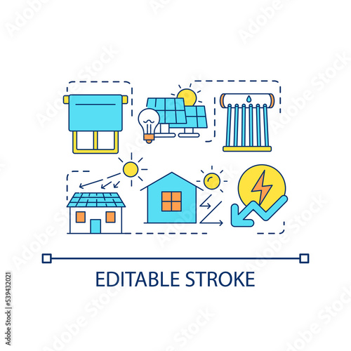 Green energy home concept icon. Renewable power. Ecological electricity source. Sustainable houseowning abstract idea thin line illustration. Isolated outline drawing. Editable stroke. Arial font used
