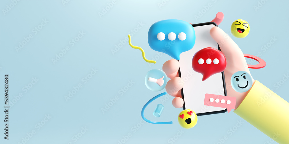 Hand holding blank mobile phone with bubble talk icon. Social media marketing concept, 3d illustration
