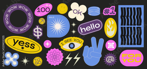 Collection of various patches, labels, tags, stickers, stamps for shopping and packaging. discounts, new collection. Vector set, trendy promo labels