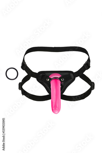 Close-up shot of black leather strap on harness dildo panties with 2 replaceable rings and adjustable straps. The strap on dildo pantsa are isolated on a white background. Front view.