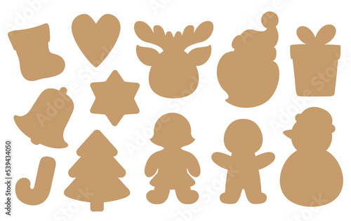 Die cut silhouette shapes for Christmas cookies or tags. Christmas templates for cutting machine, paper craft. Vector icons set. Xmas motifs isolated silhouettes cutter knife shape.