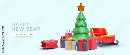 Christmas and New Year background with 3d realistic Christmas trees, gift, New Year's sleigh, shopping bag. Vector illustration