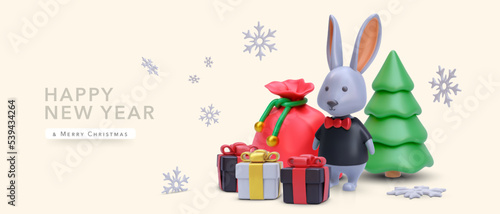Christmas and New Year background with 3d realistic bunny, Christmas trees, gift, bag with presents and snowflakes. Vector illustration