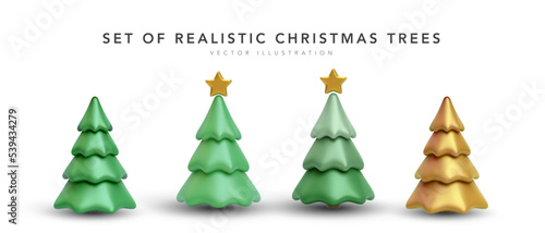 Set of 3d realistic Christmas tree with shadow isolated on white background. Vector illustration