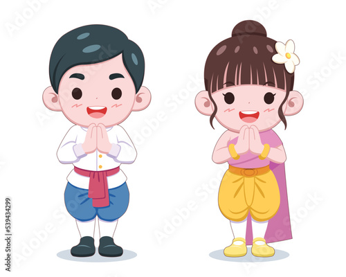 Cute style Thai kids in traditional costume sawasdee cartoon illustration