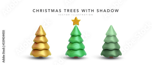 Set of 3d realistic Christmas tree with shadow isolated on white background. Vector illustration