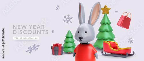 Christmas and New Year discount background with 3d realistic rabbit, Christmas trees, gift, shopping bag, New Year's sleigh and snowflakes. Vector illustration