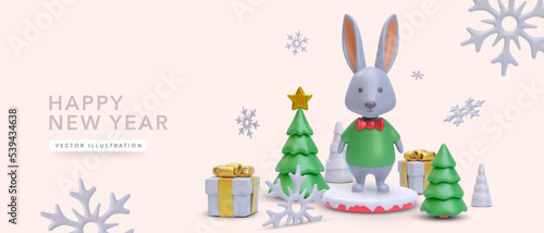 Christmas and New Year background with 3d realistic Christmas trees, gifts, pedestal with rabbit and snowflakes. Vector illustration
