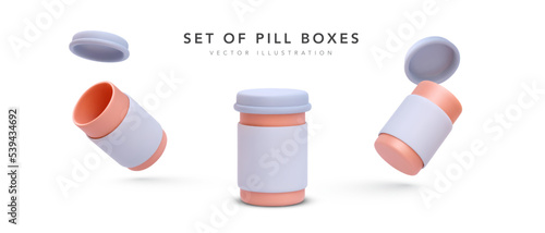Set of 3d realistic pill box with shadow isolated on white background. Vector illustration