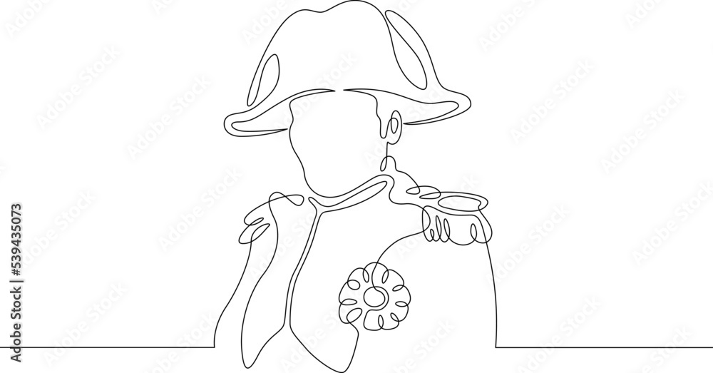 One continuous line. Historical character. French Emperor Napoleon Bonaparte. Soldier in a cocked hat. Soldier in dress uniform. One continuous line on a white background. - obrazy, fototapety, plakaty 