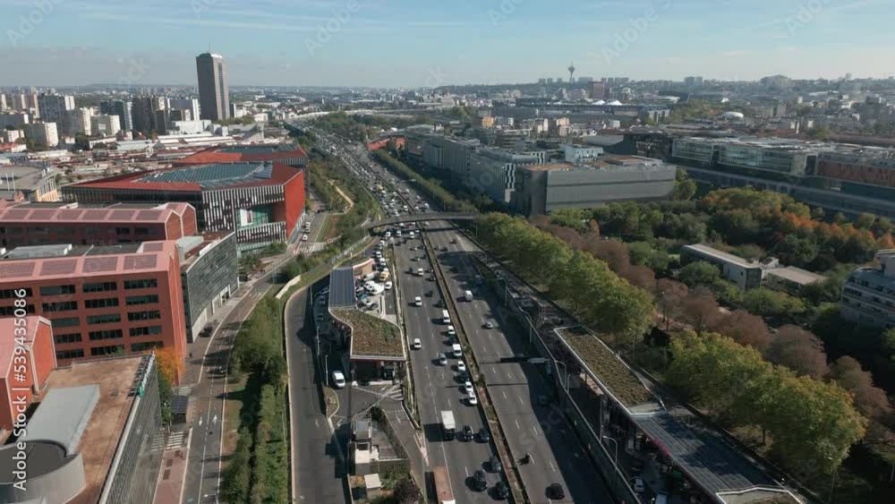 Highway and cityscape, Paris in France. Aerial backward Highway and cityscape, Paris in France. Aerial backward