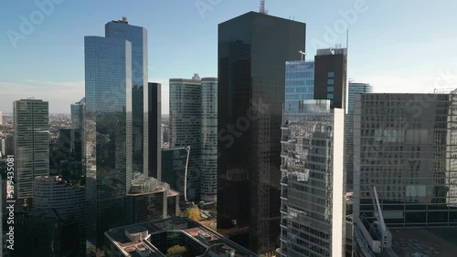 Glass skyscraper buildings at La Défense financial center, Paris in France. Aerial drone view photo