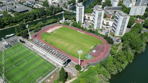 Grande Nef, l'Île des Vannes sport center, France. Aerial top down backward photo