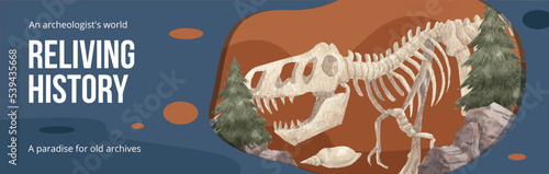 Facebook ads template with  Fossil Archeologist concept,watercolor style