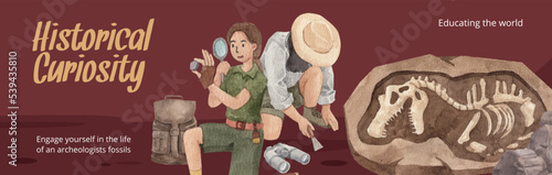 Facebook ads template with  Fossil Archeologist concept,watercolor style