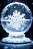 Photorealistic illustration of the beautiful snowflake inside of snow globe. Ai generated illustration, is not based on any original image, person or character