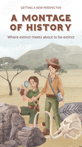 Instagram story template with  Fossil Archeologist concept,watercolor style