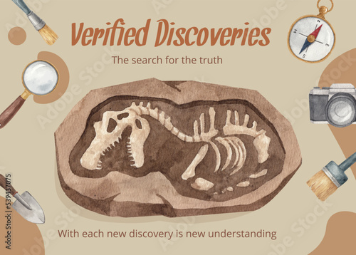 Postcard template with  Fossil Archeologist concept,watercolor style