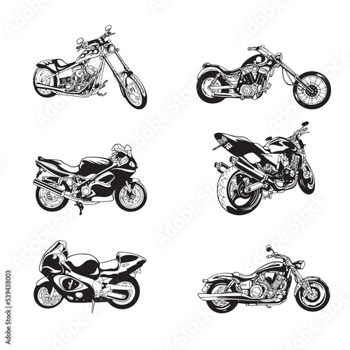 Retro motorcycle silhouette set with different angles. Hand drawn vector illustration