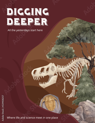 Poster template with  Fossil Archeologist concept,watercolor style