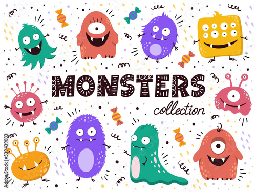 A set of cheerful colorful children's monsters