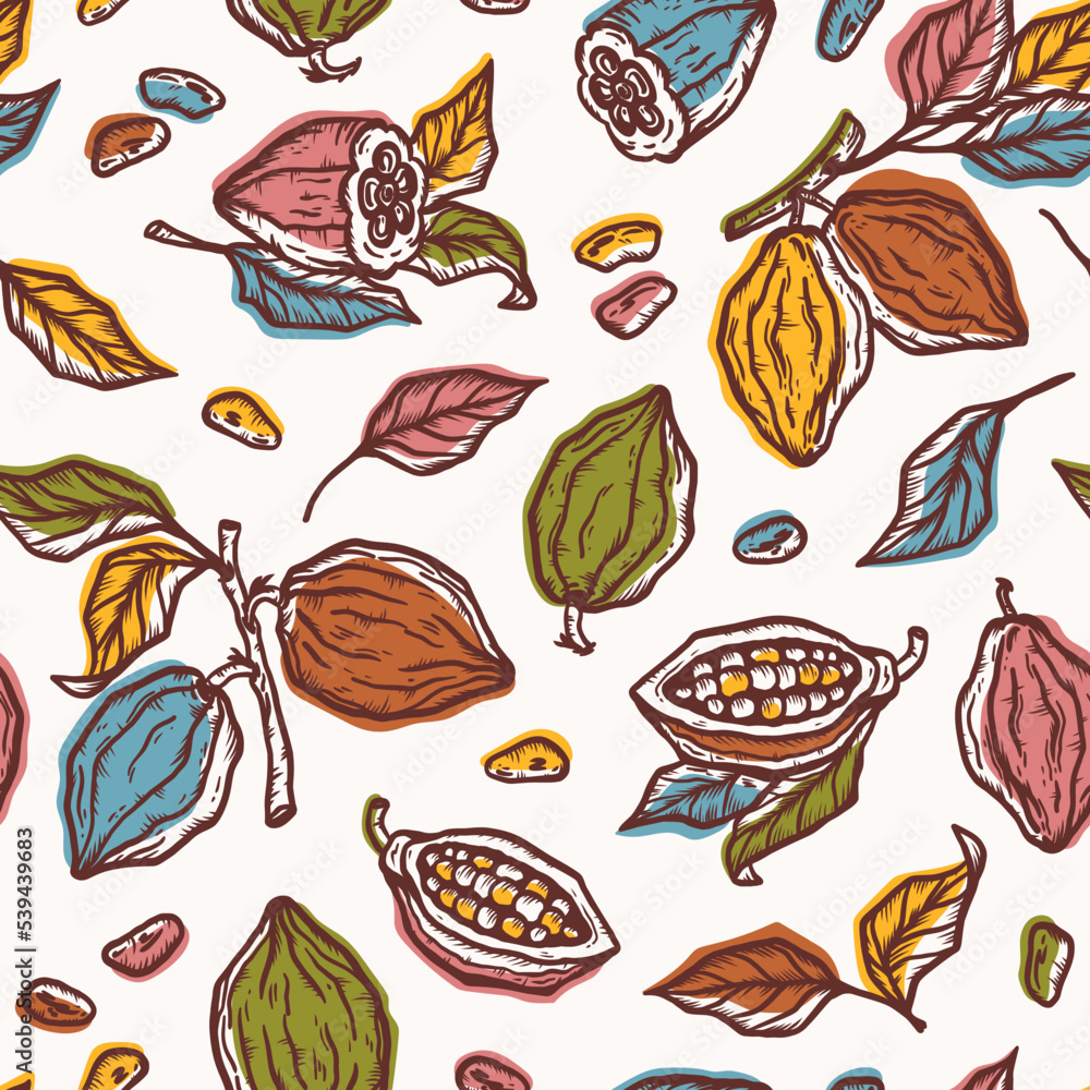 Cacao Pods. Cocoa Beans and Leaves Seamless Pattern. Vector Fruits. Colorful Floral Background. Great for Packaging design of Chocolate or cocoa powder. Cacao Pods. Cocoa Beans and Leaves Seamless Pattern. Vector Fruits. Colorful Floral Background. Great for Packaging design of Chocolate or cocoa powder.