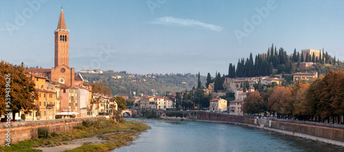 Verona. Fiume Adige fra la chiesa di Santa Anastasia e la collina di Castel San Pietro photo