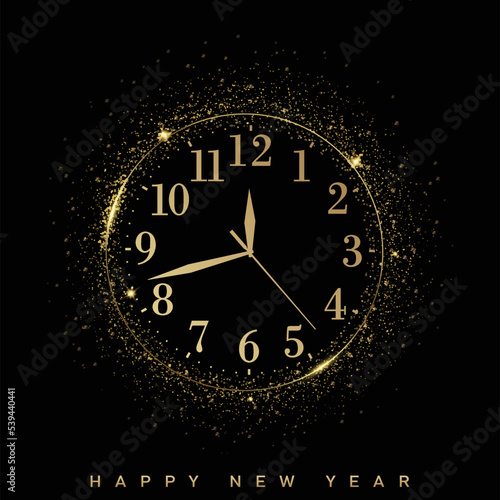 2023 Happy New Year and Merry Christmas card with golden watch. Vector
