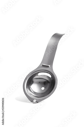 Close-up shot of a stainless steel egg yolk separator. The kitchen tool for separating egg whites and yolks is isolated on a white background. Front view.