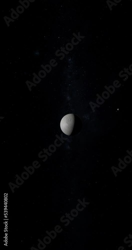 Satellite Tethys in the outer space. 4K Vertical photo