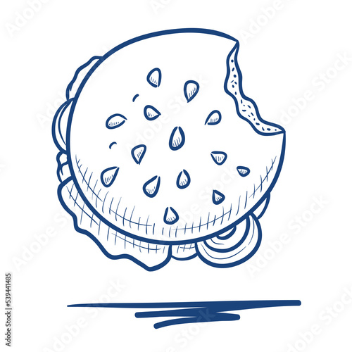 Bitten burger. Fast food, junk food. Hand drawn vector illustration.
