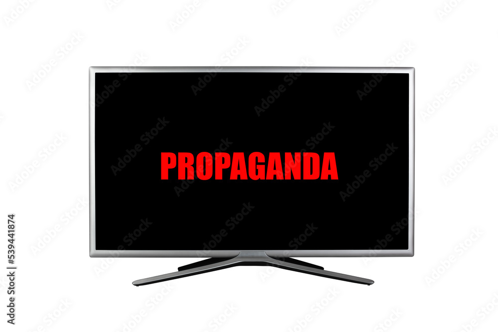 the inscription propaganda in the red color on a black TV screen isolated on a white background the inscription propaganda in the red color on a black TV screen isolated on a white background
