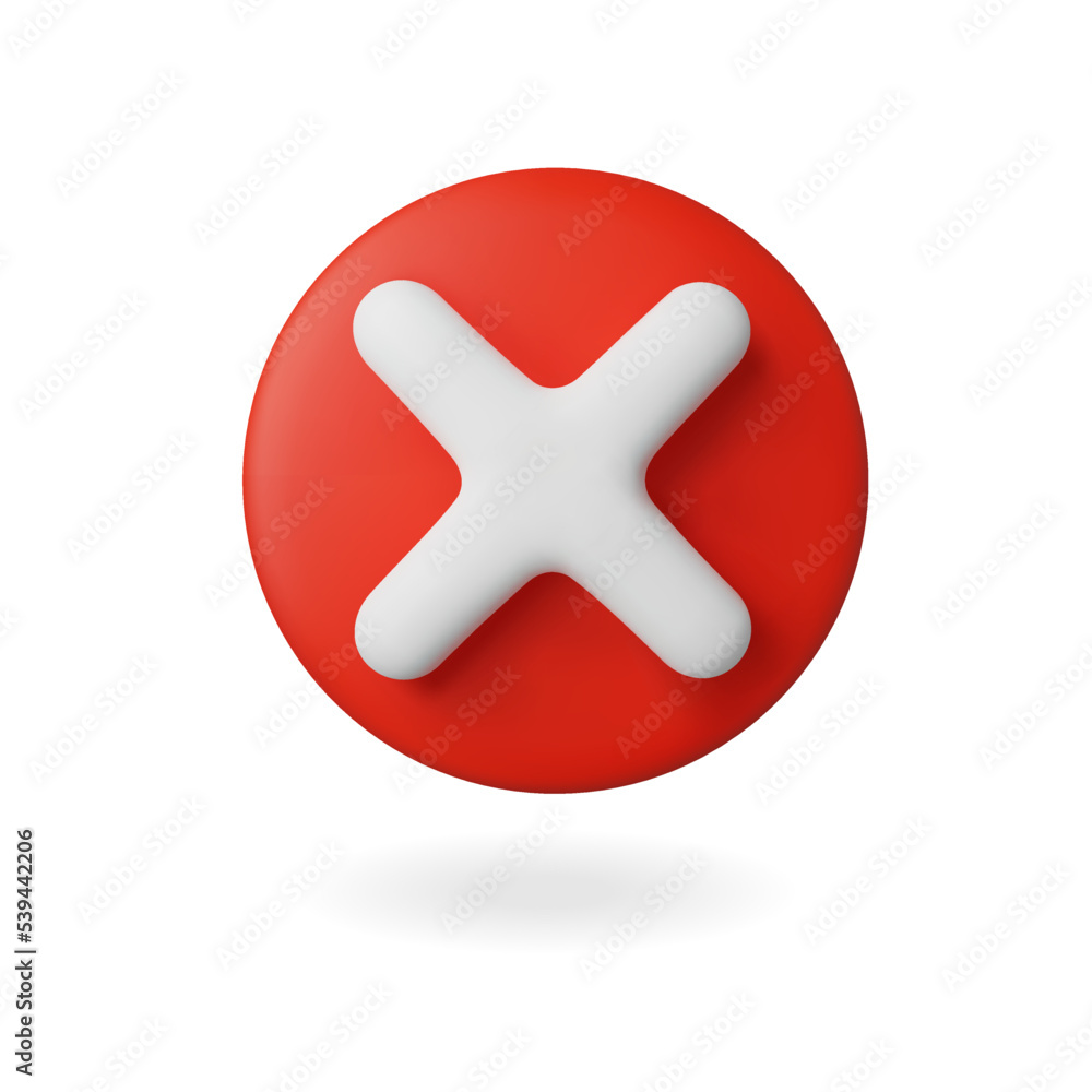 Obraz premium Red round button with 3d cross. Wrong sign or cross. Vector realistic icon no