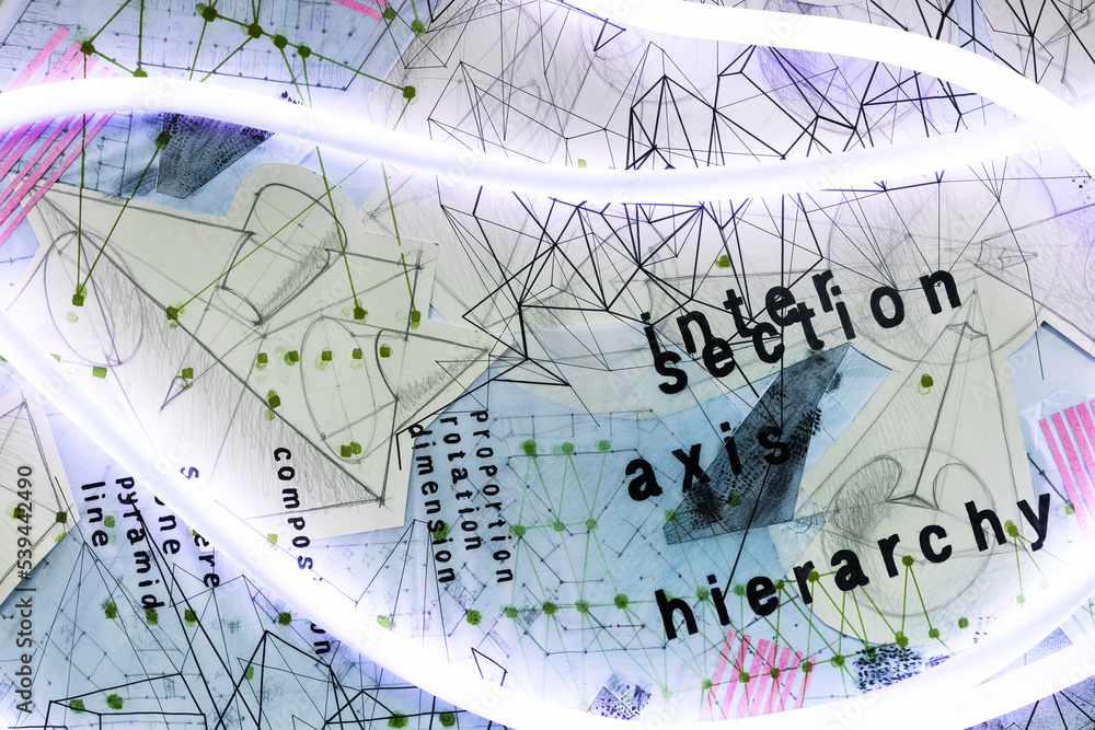 Fototapeta premium Fragment of geometric drawing with flexible neon light tube