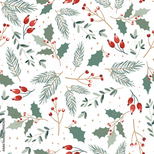 Lovely hand drawn Christmas seamless pattern, cute greenery, flowers and berries, great for textiles, wrapping, banners, wallpapers - vector design