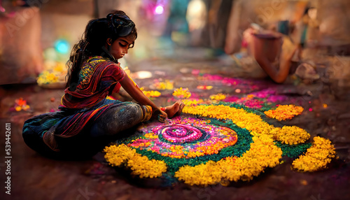AI generated image of a young Indian girl arranging a flower rangoli on occasion of the Hindu festival of Onam in Kerala, India