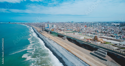 Lima, Peru. October, 2022. Aerial view of construction of highway Costa Verde, La Perla district. photo